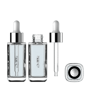 P-BO8841 - SOFT SQUARE GLASS BOTTLE 30 ml, DROPPER MONOMATERIAL ALUMINUM COLLAR